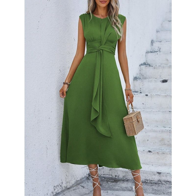 

Summer European and American Fresh Fashion Women clothes Solid Waist Hugging Lace-up Long Sleeveless Dress Green Olive green S