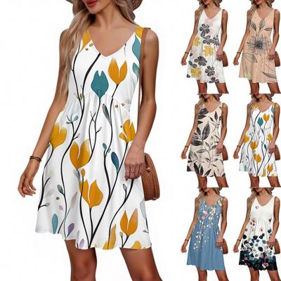 Women's Summer V-neck Casual Beach Vacation Retro Floral Print Sleeveless Patchwork Dress