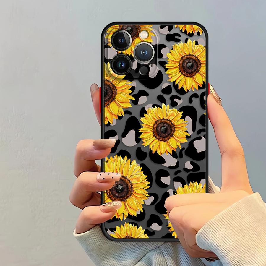 Funda Back Phone Cover Case for iPhone 17 Pro Max 15 14 7 8 SE 13 Mini 11 Air XS XR 16 Plus 12 Leopard-patterned Sunflower