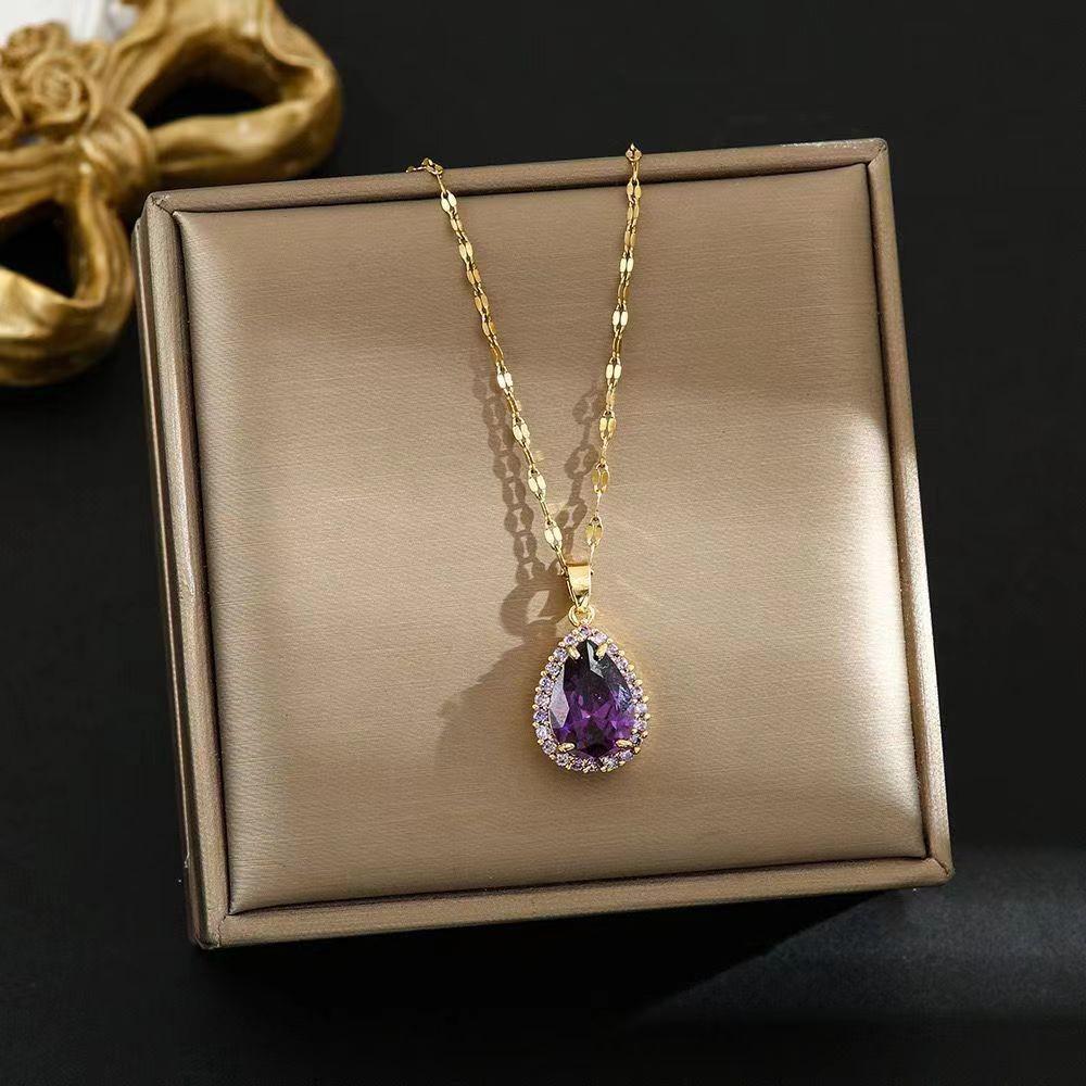 Collier Pendentif Zircon Goutte Violette - Design Simple et Polyvalent, Sans Décoloration