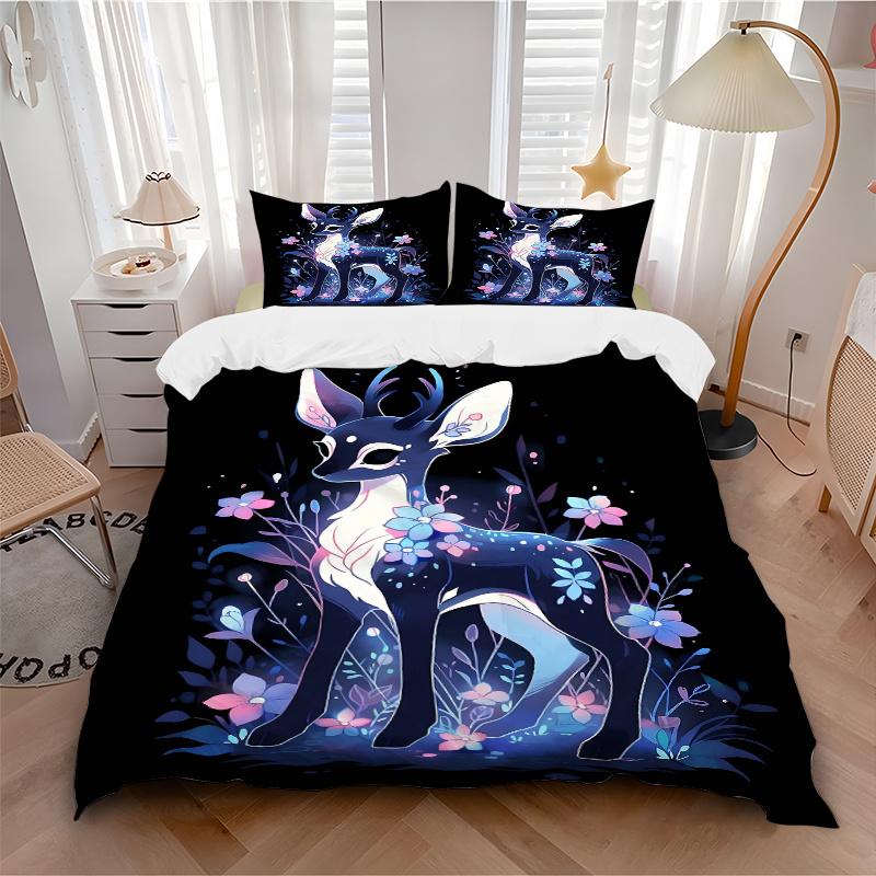 3pcs Sika Deer Pattern Bedding Set, 1* Cover + 2*Pillowcases, Printed Bedding Set, Soft and ComfortableN085