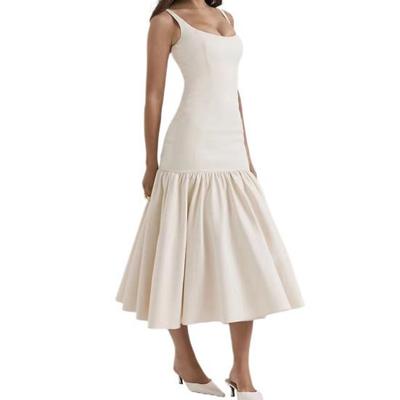 Vestido de noche para mujer, con dobladillo con volantes, corte amplio, ajustado, sin espalda, sin mangas, color sólido, corte bajo, plisado, para fiesta de graduación, largo hasta la mitad de la pantorrilla, vestido midi
