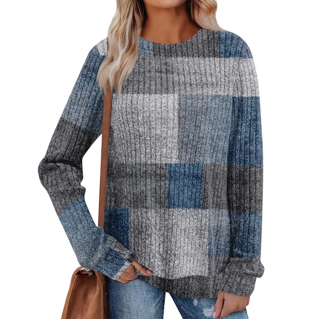 Women's Winter Color-Block Printed Lightweight Brushed-Cotton Round Neck Top