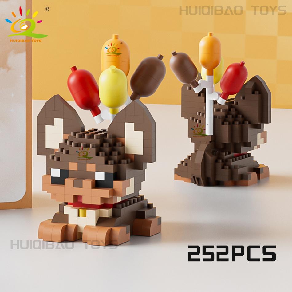 HUIQIBAO MINI Cute Pet Balloon Cat Dog Micro Building Block Set City Cartoon Animal Diamond Home Decoration Bricks Toys Adult