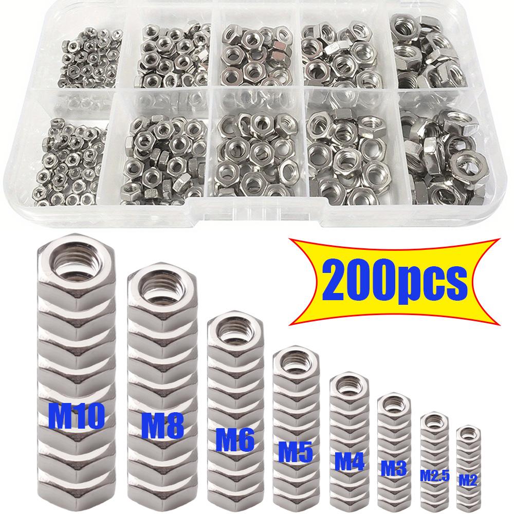 200 Pieces of M2-M10 Stainless Steel Hex Nuts, Suitable for Home and Outdoor Building Maintenance, and Machinery Parts.