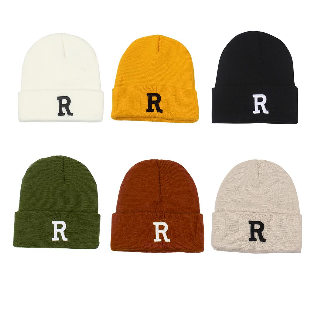 Men Women Winter Knitted Beanie Hat R Embroidery Stretchy Skull Cap Casual Warm Cuffed Watch Hat