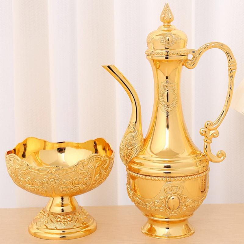 European Wine Set,Alloy Home Wine Pot Wine Glass Bowl Set, Exquisite Golden Wine Glass, Wine Pot Wedding Room Decoration, 1Set