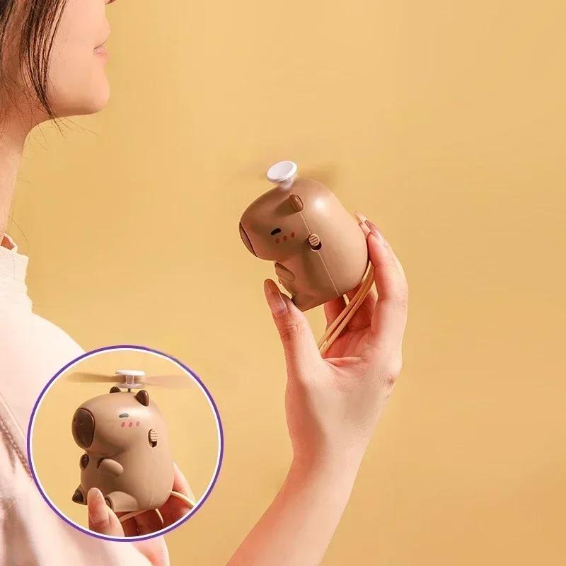 Cute Capybara Handheld Fan USB Rechargeable Mini Neck Hanging Fan Portable Cooling Fan for Kids Travel Gift Cartoon Design