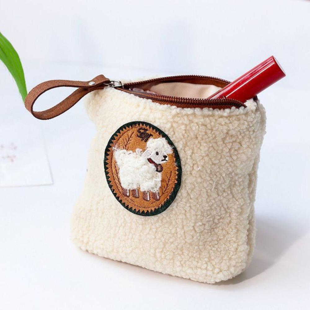 

Cute Plush Coin Purse Lamb Mini Earphone Bag Large Capacity with Lanyard Sanitary Napkin Storage Bag бежевый