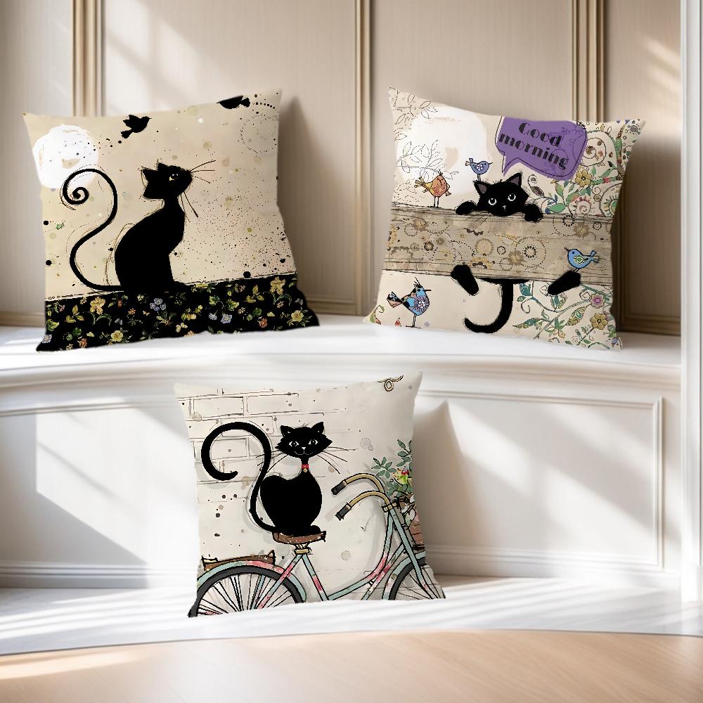 Funda de Almohada vintage francesa suave Cómoda gato negro caricatura para Sofá Sala de estar gato Habitación Hogar oficina Decoración Retro Cubierta Protectora