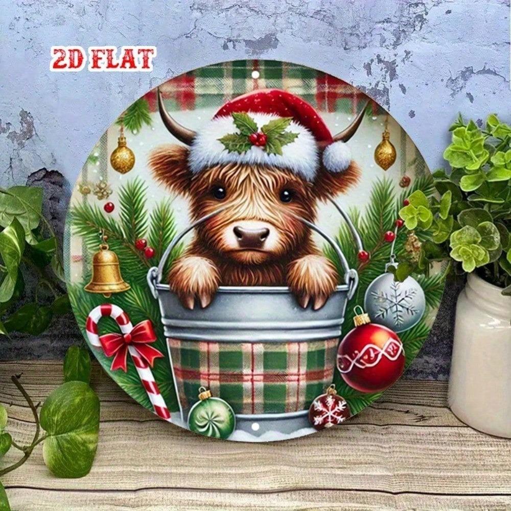 Rustic Scottish Highland Cow Metal Wall Art Round Plaque Farmhouse Decor 7.8 Inch