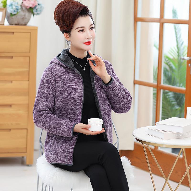Grandma Autumn and Winter Cardigan Hooded Sweater Middle-aged and Elderly Sportswear Women's Jacket Mother Women's Plus Velvet Clothes