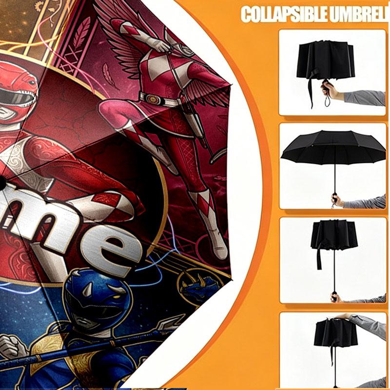 Custom Name Personalized Power Rangers Print Umbrella, Auto Open Close, 8‑Rib Sturdy Frame, Commute Camping Hiking Use, Birthday Gift