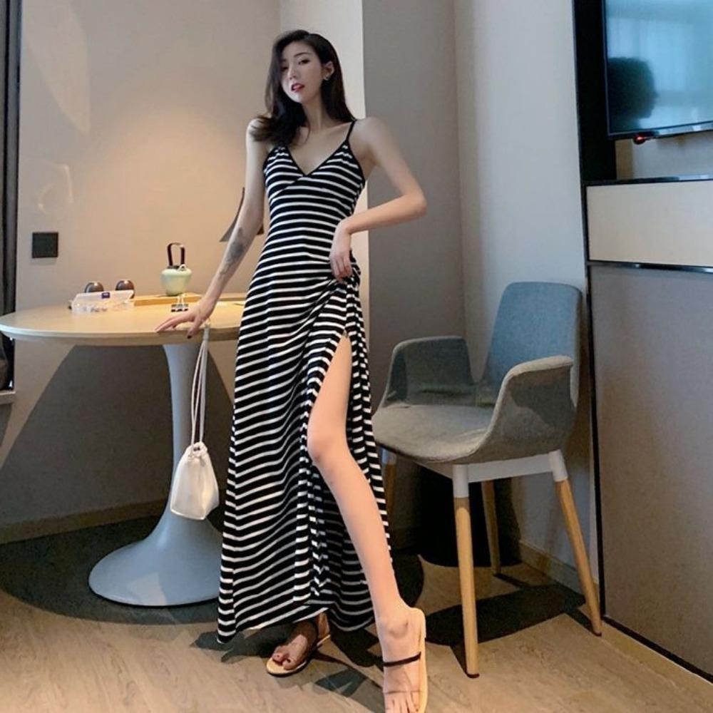 Stripe Slim Strap Dress A-line Beach Vacation Sundress Retro Sleeveless Long Dress  for Girls