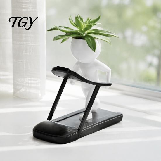 Minimalist Resin Flower Pot Creative Fitness Figure Pot, Succulents with Treadmill Yoga And Modern Plant Dumbbell Design, Funny Sports Themed Planter