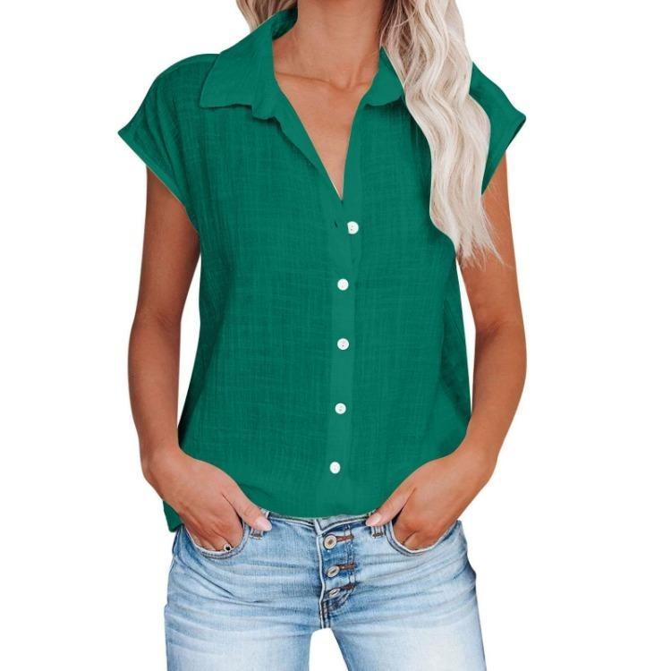 Women Casual Short Sleeve Shirt Summer Solid Color Lapel Top Single Breasted Blouse