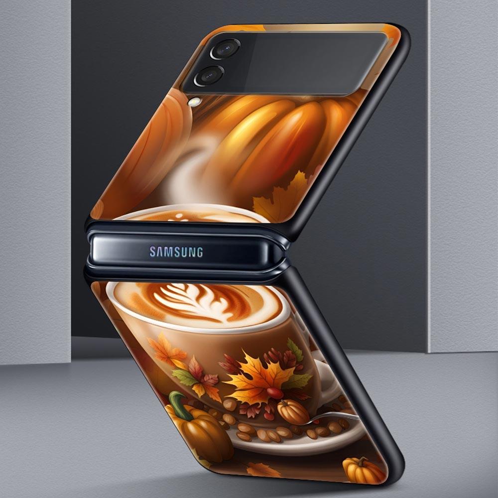 Pumpkin Autumn Leaves Coffee Hard PC Phone Case For Samsung Galaxy Z Flip 7 6 5 4 Black Cover For Galaxy Z Flip 3 Foldable Shell