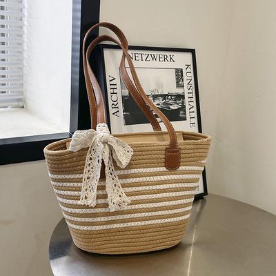 Beach Vacation Leisure Handheld Bag Shopping Bag Straw Woven Bag Lace Decoration Hawaii Summer Hot Sale