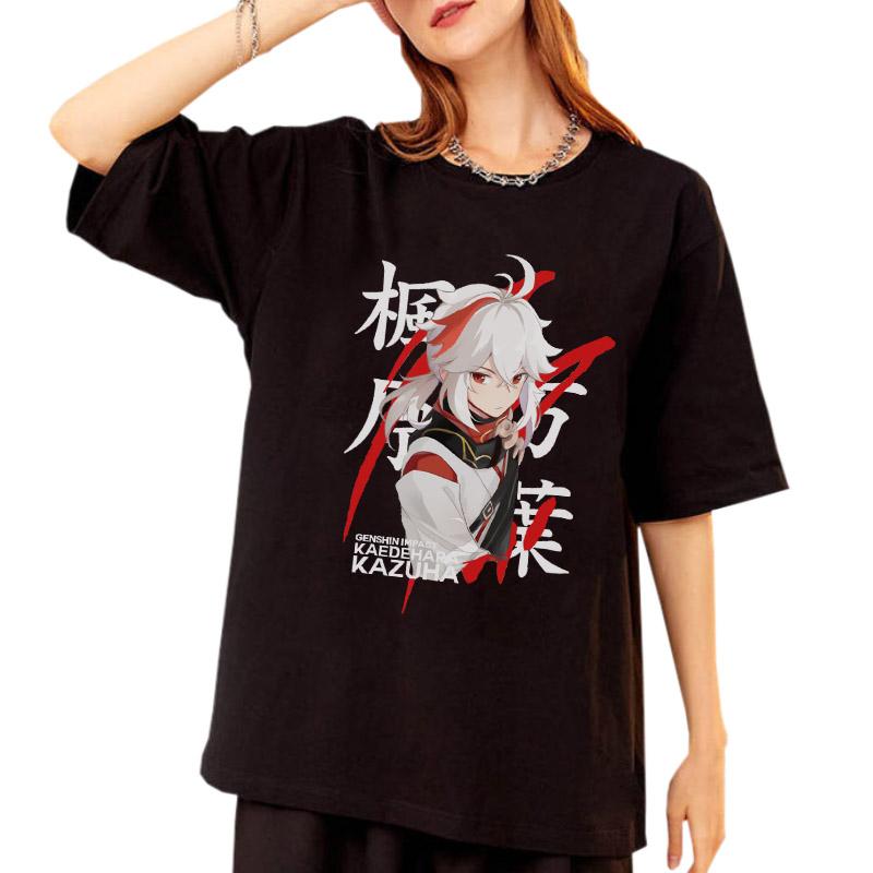 Genshin Impact Kaedehara Kazuha T Shirts Men Women Short Sleeve Unisex Tees100% Cotton Summer Streetwear Print O-Neck Black Tops