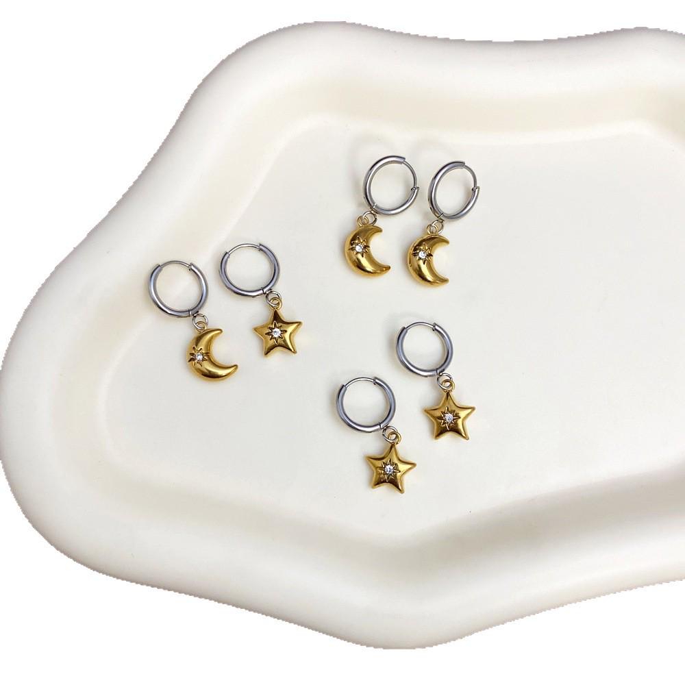 Borderless Fashion Star and Moon Two-Color Earrings: Gold-Plated Stainless Steel Silver Design Jewelry
