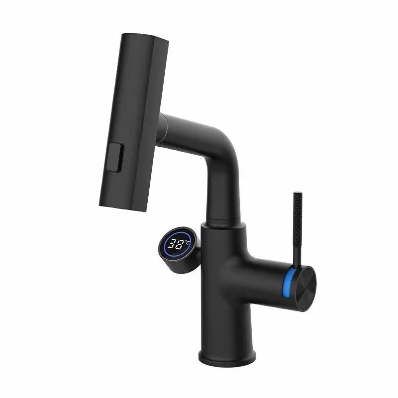 

Цифровой дисплей Смеситель для раковины Подъемный Излив Распылитель Горячая Холодная Вода Смеситель для раковины Кран для умывания Для ванной комнаты чёрный