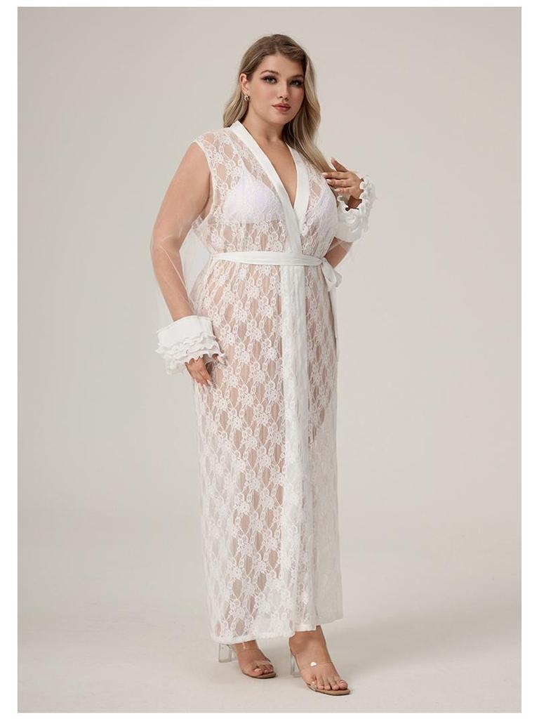 Yaoting Übergröße Damen Eisseide Spitze Langer Morgenmantel & Nachthemd (WP5014)