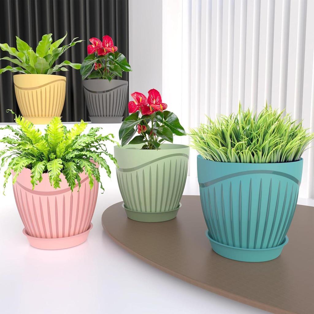 (Pack of 5) 6 Inch Premium Round Plastic Flower Pots with Tray for Home Planters, Terrace,for Home Indoor & Outdoor Gardening Plants