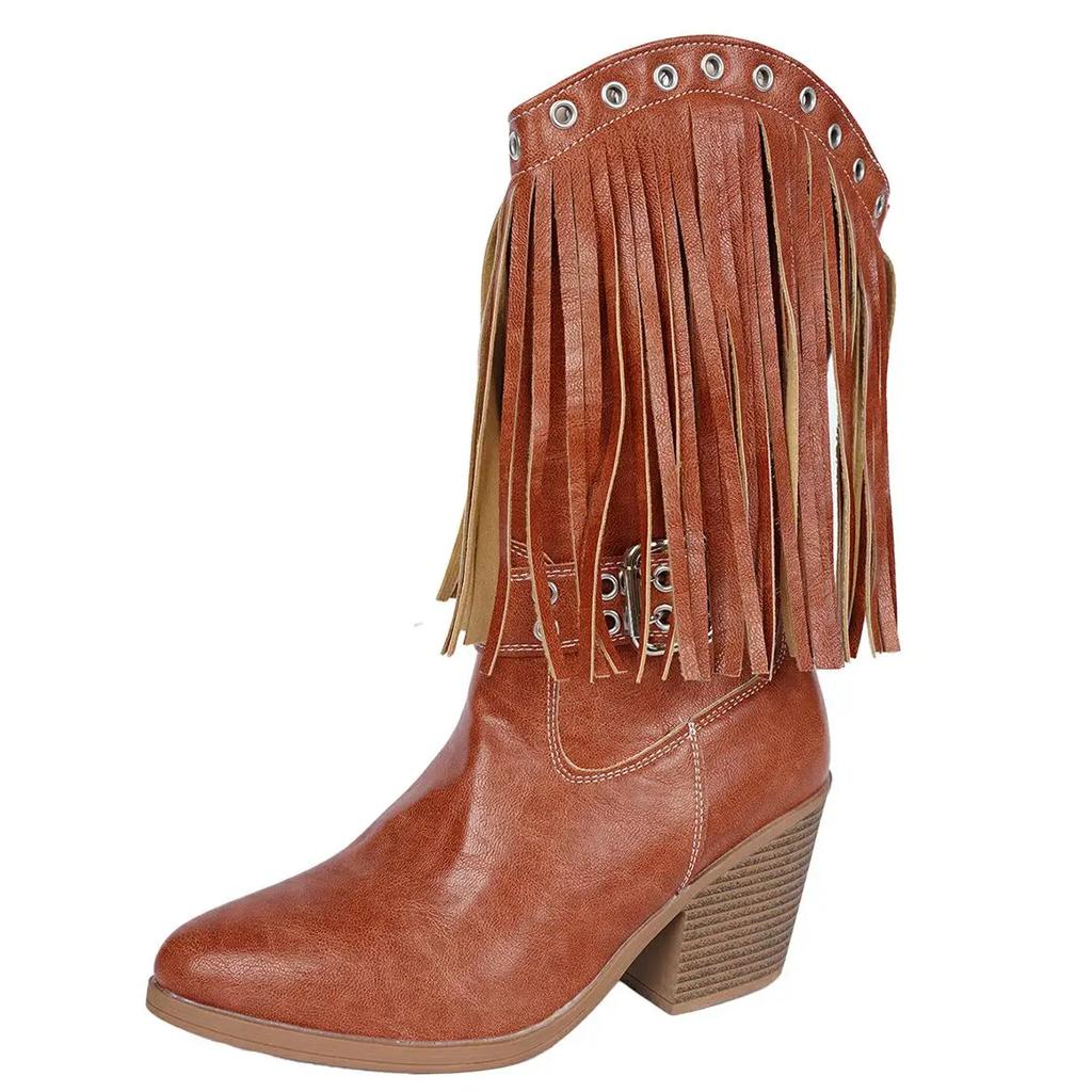 Fashion 8.5CM Women High Boots Trend Retro Metal Buckle Thick Heel Tassle Western Cowboy Boots Female Shoes Botas De Mujer Large Size 42