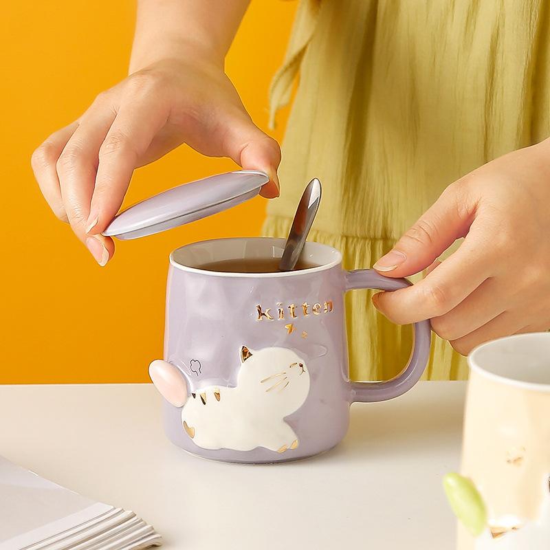 Cartoon Cute Relief Cat with Lid Spoon Ceramic Cup Gift Set Mug Creative Personality Water Cup Girls