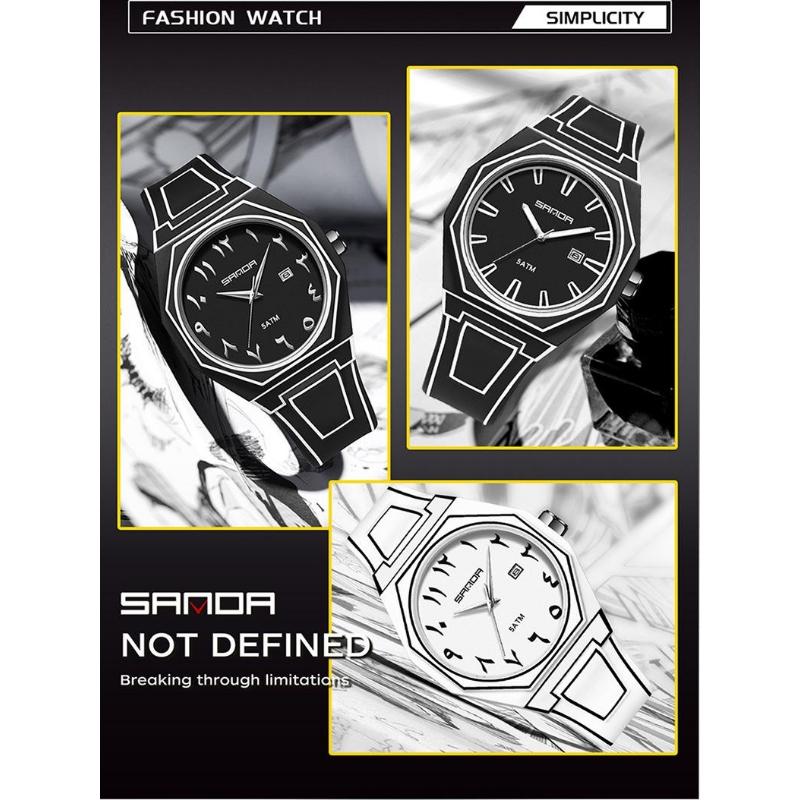 SANDA Fashionable Men's Quartz Watch Waterproof Silicone Strap Unique Scale Calendar Creative Lines Student Watches