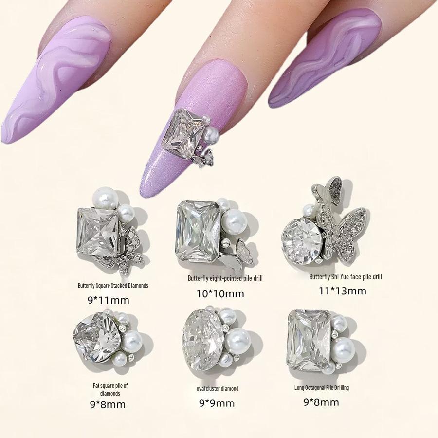 Elegant Nail Art: Pearl & Butterfly Inlaid Pigeon Egg with Zirconia and Rhinestones