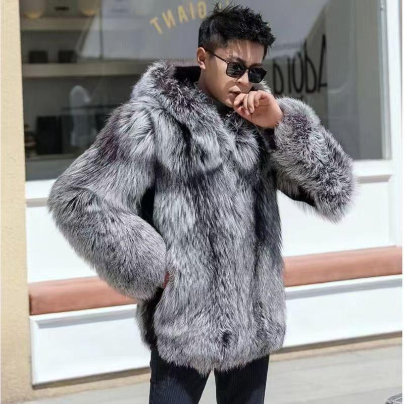 New Men's Hooded Jacket Fashion Light Luxury Silver Fox Hair Coat Thickened Warm Temperament Fur Sweater
