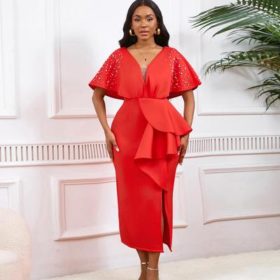 Summer V-Neck Ruffle Slit Beaded Evening Dress - Socialite Banquet Attire