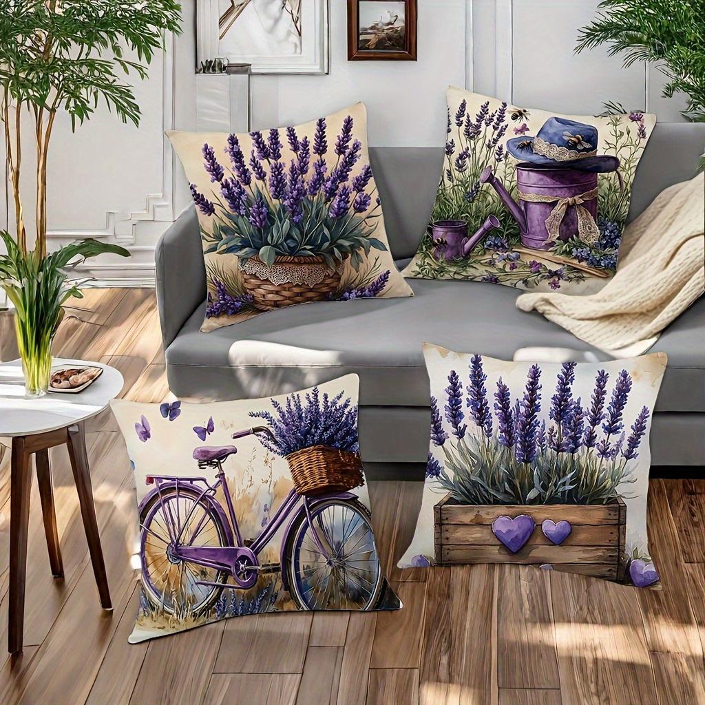 4pcs, Lavender And Bicycle Theme Pillow Covers, Purple Floral And Vintage Design, Modern Style, Zipper Closure Cushion Covers, Machine Washable, Suita