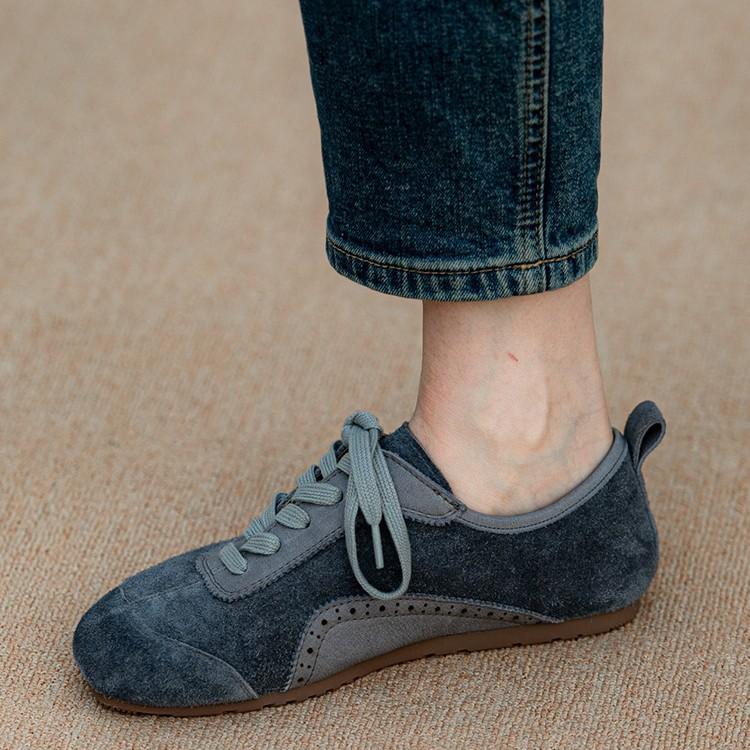 Retro Gray Matte Leather Soft-Soled Soft-Faced German Training Shoes Women'S Autumn And Winter Niche Flat-Bottomed Casual Lace-Up Single Shoes