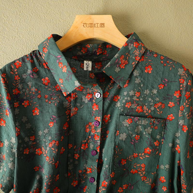 Vintage Floral Print Women's T Shirt Summer Fashion Short Sleeve Pocket Loose Casual Blouse Female Bohemian Soft Thin Daily