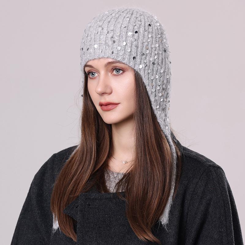 

Женская вязаная шапка из кроличьего меха с пайетками, зимняя теплая универсальная шерстяная шапка, модная шапка-пуловер с завязками и защитой ушей one size