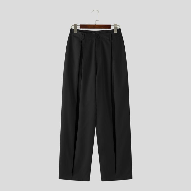 INCERUN Men Zipper Button Waist Solid Pleated Casual Long Pants Trousers