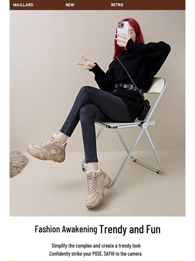 Women's Korean-Style Fleece-Lined High-Top Shoes - Versatile, Thick-Soled, Warm, Cotton Sporty Casual Dad Shoes
