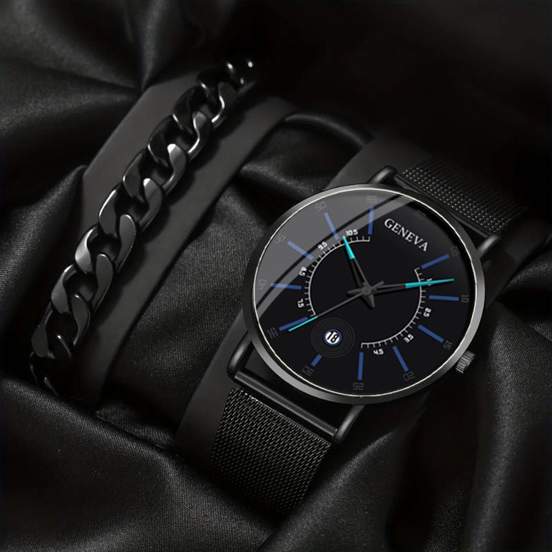 2ks/sada módních pánských obchodních hodinek se síťovaným řemínkem, quartzových hodinek, klasických kreativních kalendářních náramkových hodinek a náramku