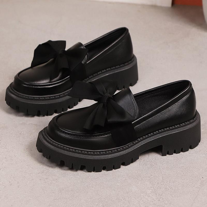 Fashion Bowknot Platform Loafers Women 2025 British Style Thick Bottom Pu Leather Shoes Woman Comfortable Slip On Flats Plus Size 35-42