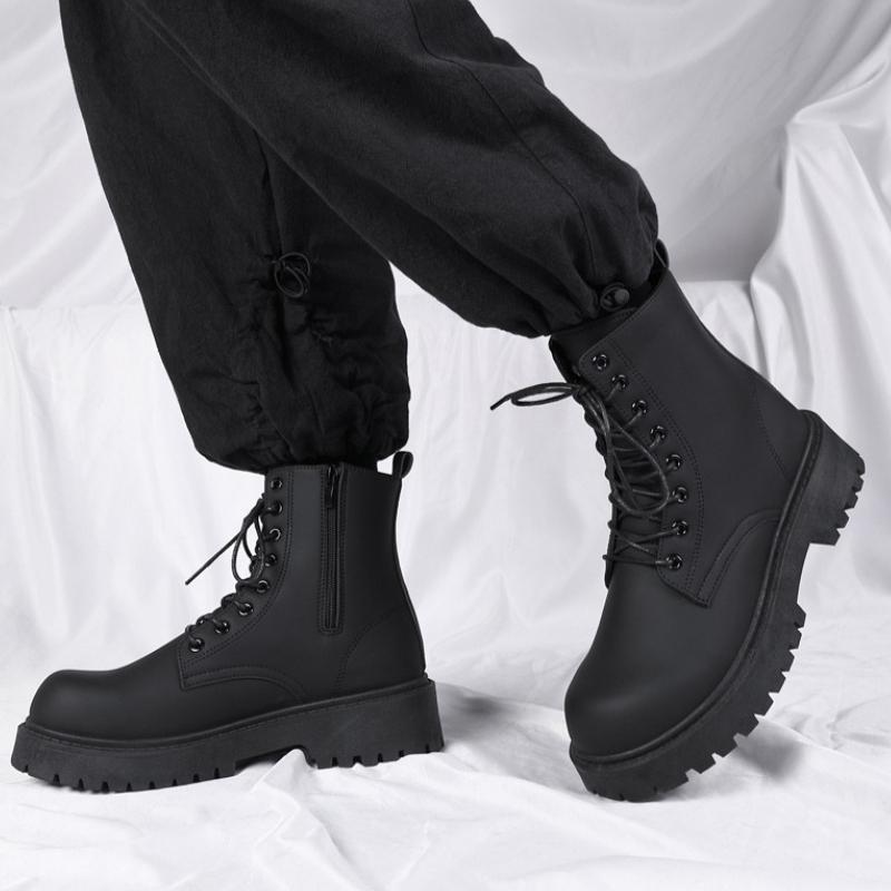 Men's Boots High Top Leather Boots British Style Black Ankle Boots Platform Lace Up Motorcycle Boot Couple Outdoor Casual Shoes