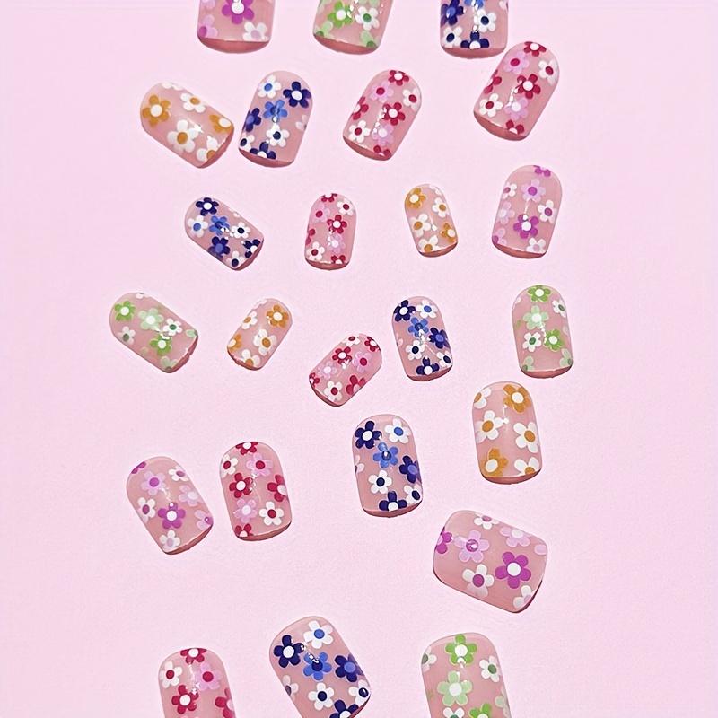 24 Stück Aufdrücknägel, kurze, quadratische künstliche Nägel, bunte Blumen-Gefälschte Nägel, vollständige Abdeckung, abnehmbare Nagelspitzen