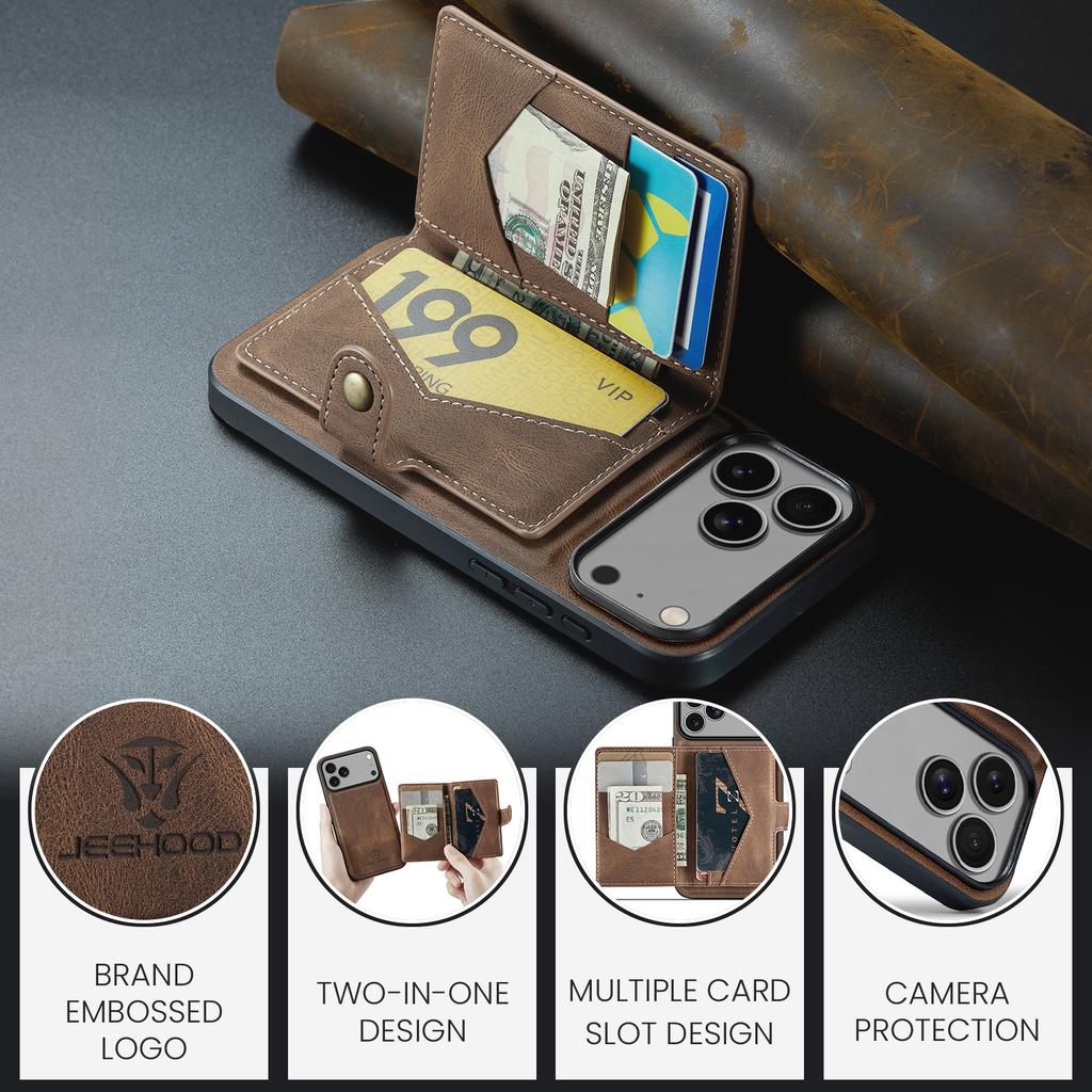 For iPhone 17 Pro Max Case JEEHOOD J01 Retro Leather + TPU Phone Cover Detachable Magnetic Card Holder