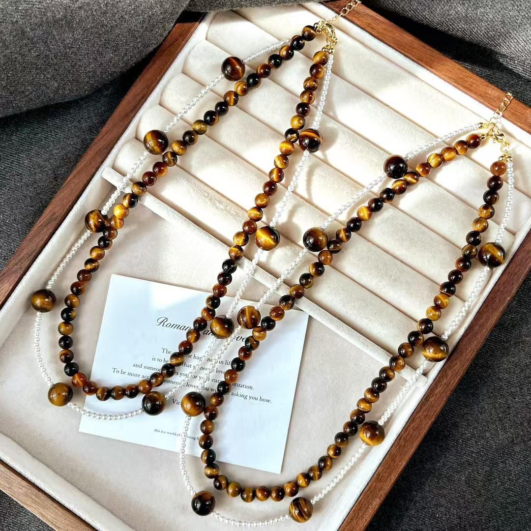 Vintage Artificial Crystal Pearl High Quality Natural Tiger S Eye Stone Double Necklace Clavicle Chain