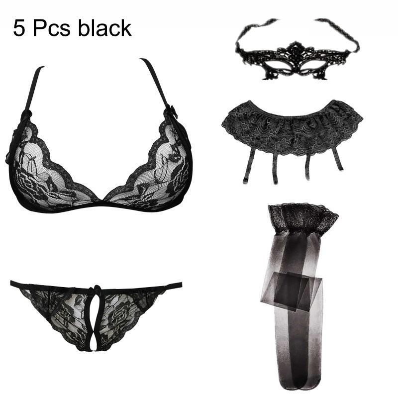5Pcs Sexy Erotic Lingerie Sets!Lace Bra Set Garter Belt Whit Stockings Set for Women,Lace Bra+Panties +Stockings +Garter Belt Suspenders Lingerie Sets