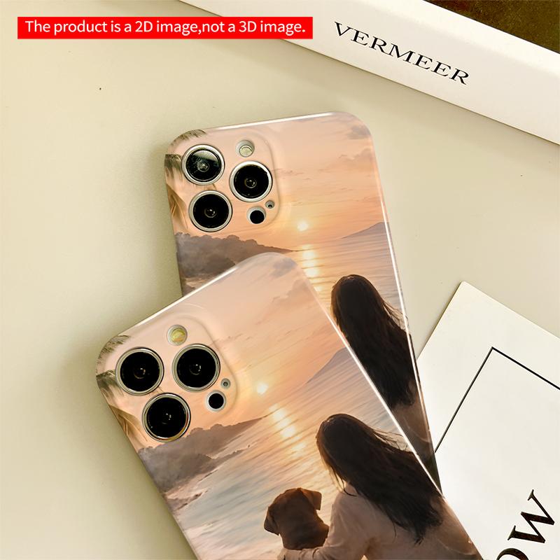 2DFlat Sunset Beach with Dog and Girl All inclusive film hard iPhone case, compatible with iPhone 18 Pro Max 17 16 15 14 13 12 11