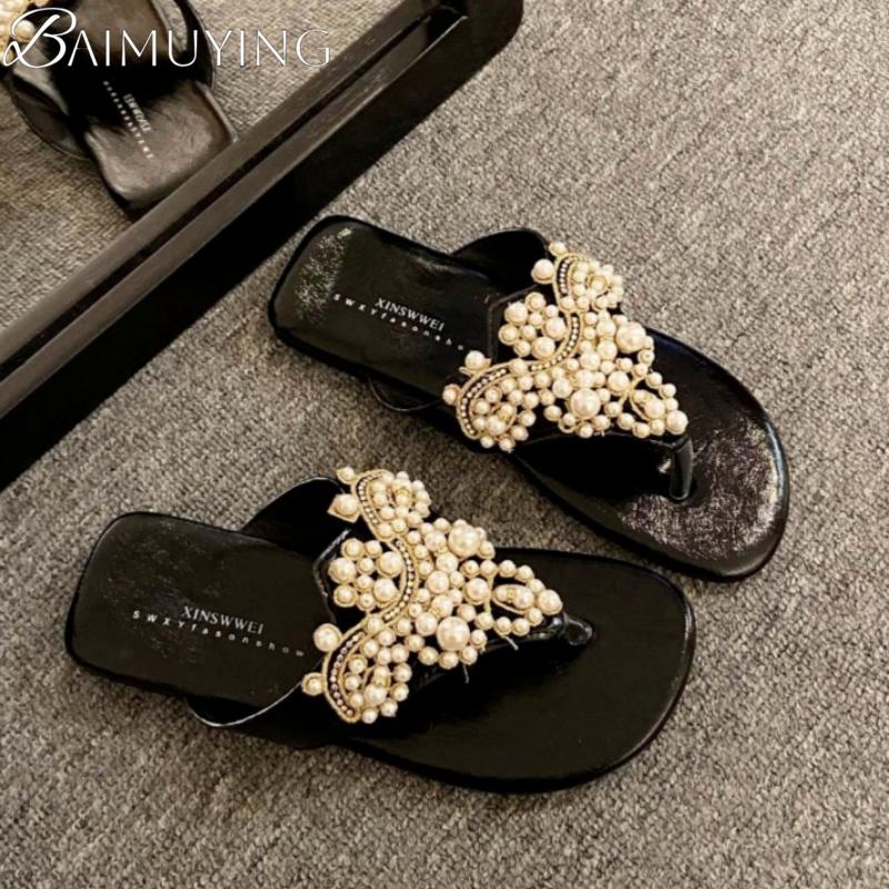 Fashion Bead Women Slippers Flat Sandals Flip Flops Casual Shoes Woman Summer 2025 Trend Beach Open Toe Comfort Clip Toe Slides Mujer