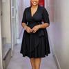 Plus Size Solid Color Tie Waist V Neck Half Sleeve Mid Length Dress