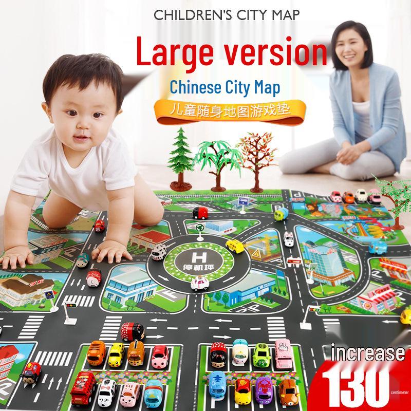 Children's City Traffic Play Mat with Small Alloy Cars - 130x100
